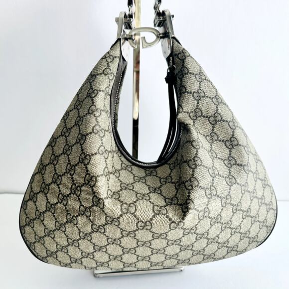 Gucci GG Supreme Monogram Textured Calfskin Web Large Shoulder Bag Beige Ebony - Picture 2 of 16